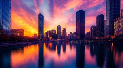 Fototapeta premium Cityscape at Sunset Modern buildings reflecting in water under colorful sky
