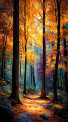 Obraz premium Enchanting Autumn Forest Path With Vibrant Foliage in a Serene Woodland Setting During Golden Hour