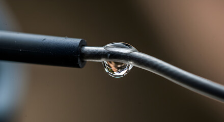 Delicate Equilibrium A Water Droplet Hanging Tenuously On Smooth Wire Surface