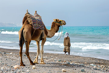 a camel with a saddle on a beach