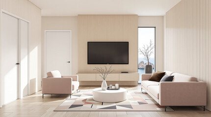 A modern living room features a pink sofa and console.