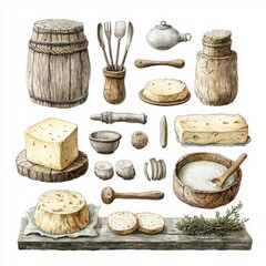 Vintage Kitchen Items Including Cheese and Wooden Utensils Art