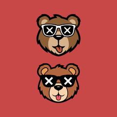 Pair of Identical Cartoon Bear Heads with X-Eyes Sunglasses and Tongue Out on Reddish Background