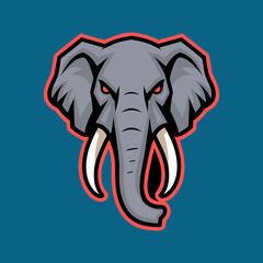 Fierce Stylized Elephant Head Mascot Logo with Red Eyes and Tusks on Blue Background