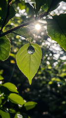 Ethereal Embrace: A Raindrop's Poised Encounter with Nature's Canvas Amidst Morning Light