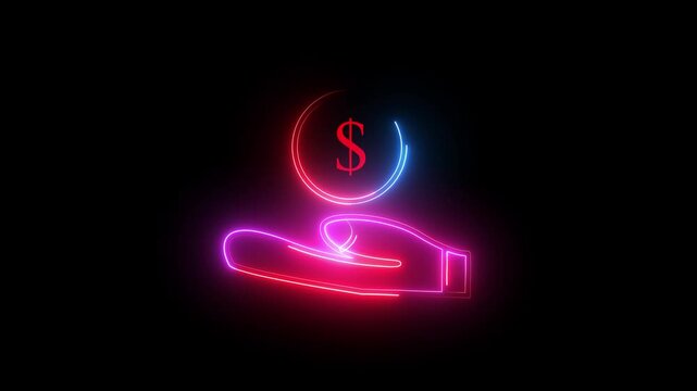 Dollar or USD symbol. Pink and blue color neon line dollar symbol. Black background. Abstract motion background.4K Video motion graphic animation.Cash Banking currency sign.Neon line Hand holding mone