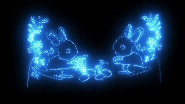 video ilustration blue neon Cute Bunny Rabbit Outline Easter Kids Drawing Illustration Coloring Page, bunn, rabbit, hare, cute, adorable, cartoon, drawing, illustration, outline, black and white, colo