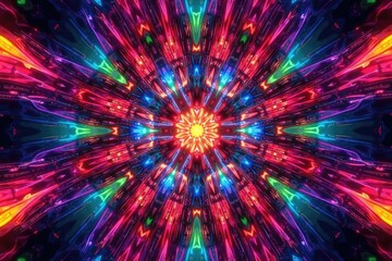 Fototapeta premium Symmetrical kaleidoscopic design with radiating lines, digital art, colorful, starburst