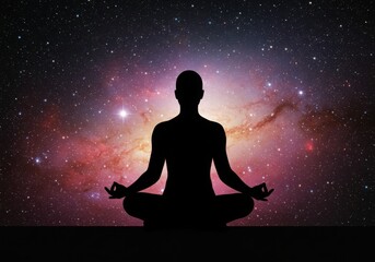 Silhouette meditating under galaxy view
