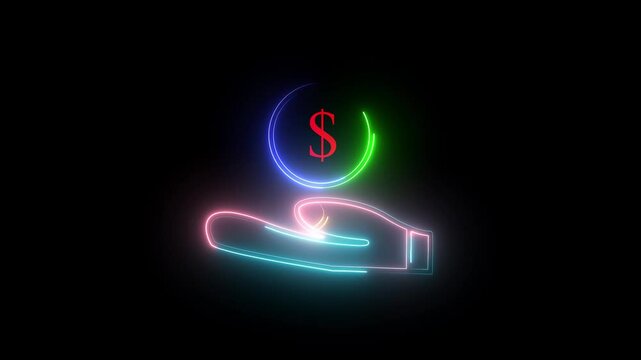 Dollar or USD symbol. Pink and blue color neon line dollar symbol. Black background. Abstract motion background.4K Video motion graphic animation.Cash Banking currency sign.Neon line Hand holding mone