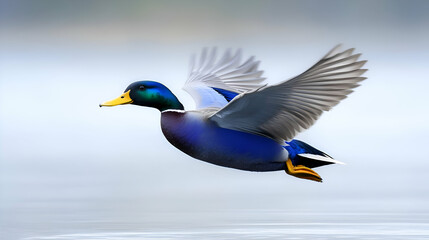 Obraz premium Majestic male mallard duck in flight over serene water, showcasing vibrant plumage and powerful wings.