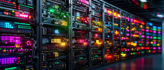 Colorful Glowing Server Racks In A Data Center