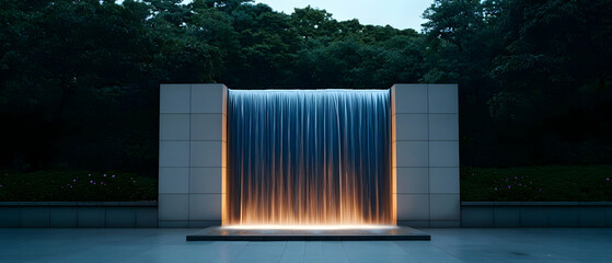 Modern Glowing Waterfall Structure in Garden at Night