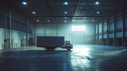Single Delivery Truck in a Spacious Industrial Warehouse with Sunlight