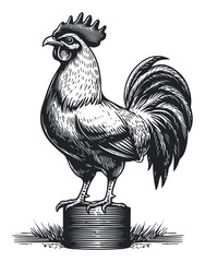 Detailed Black and White Engraving of a Proud Rooster Illustration