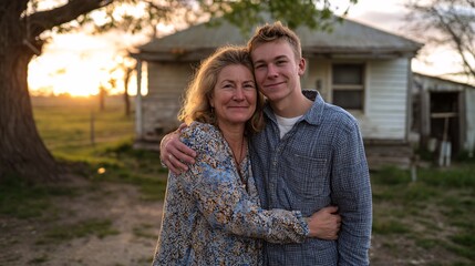 A heartfelt moment between a mother and son, capturing love and warmth during golden hour, perfect for Mother's Day.