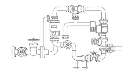 Detailed Piping System Blueprint Outline with Valves and Fittings Line Art