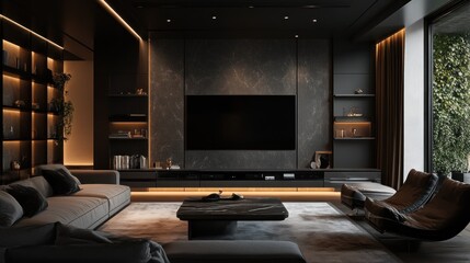 Modern living room with dark decor and ambient lighting