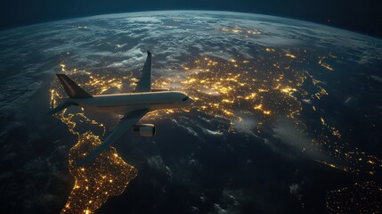 Obraz premium Commercial airliner over illuminated earth showcases global connectivity