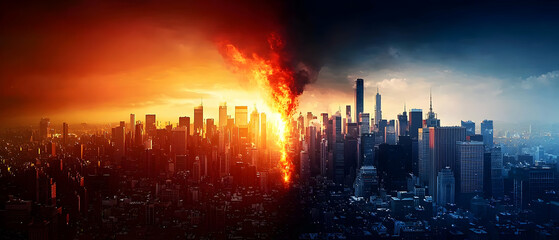 Fiery Sunset Over A Futuristic City