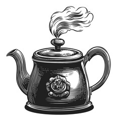 Vintage Engraved Teapot with Steam and Ornate Design