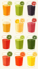 Fototapeta premium A series of colorful drinks in glasses with a lime slice on top. The drinks are arranged in a row, with each glass containing a different type of juice. Concept of variety and freshness