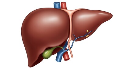 Human Liver Anatomy with Gallbladder and Vessels on White Background