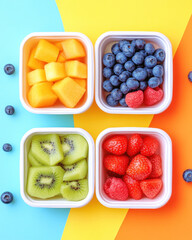 Naklejka premium Four different colored fruit trays with a variety of fruits including kiwi, strawberries, blueberries, and melons