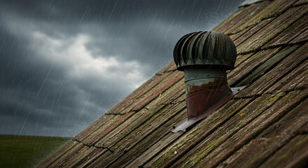 Rustic Old Roof Vent On Weathered Shingles During a Rain Storm