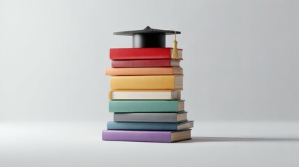 Stack of Colorful Books Topped with Black Graduation Cap on White Background