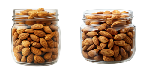 Two Glass Jars Filled with Delicious Raw Almonds on White Background