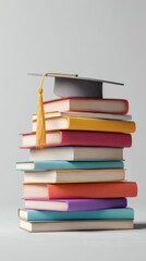 Stacked colorful books with mortarboard hat, gold tassel on plain grey surface