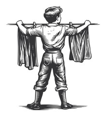 Vintage Illustration of Young Boy Hanging Clothes on Line