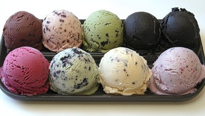 A colorful array of ice cream scoops arranged on a black tray, showcasing various flavors and textures