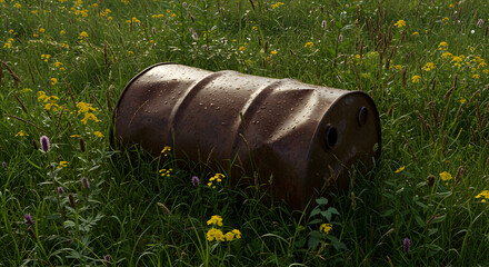 Discarded Drum In A Meadow Displaying The Heavy Environmental Pollution