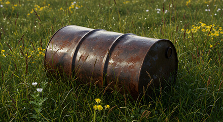 Abandoned Industrial Barrel In Meadow Illustrates Environmental Negligence