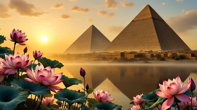 Pyramids Sunset with Lotus - Egyptian Background in 4K