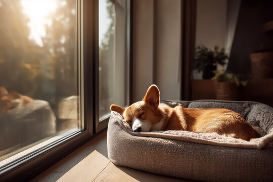 Corgi curled up and sleeping soundly on dog bed, enjoying a peaceful nap at home. Relaxed pet in a warm, cozy space, taking a break from playtime or activity