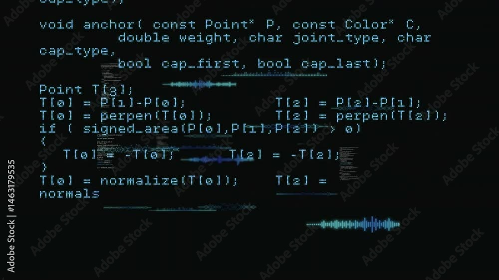 Poster monospaced cyan-blue code text animating on dark terminal, showing glitch waveforms in flat design