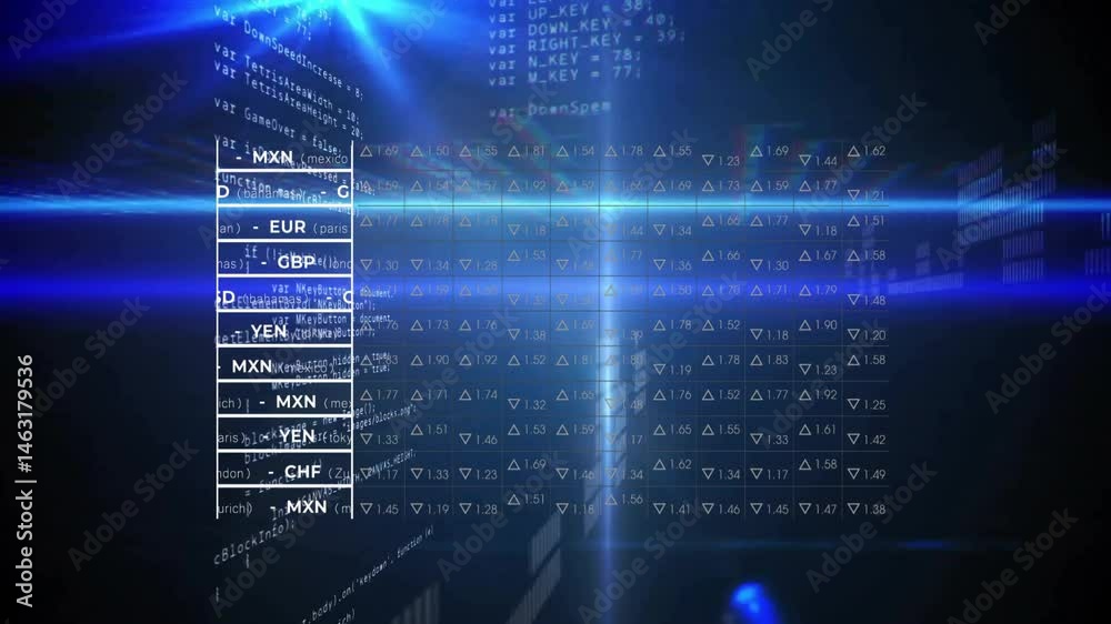 Poster vertical currency table floating over dark code interface, highlighting glowing trend grid