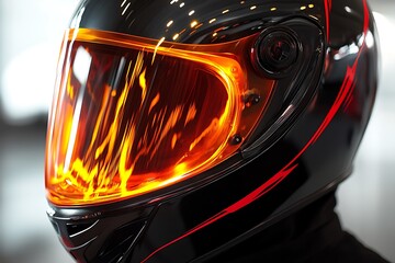 Close up shows sleek black helmet with vibrant red accents and orange visor