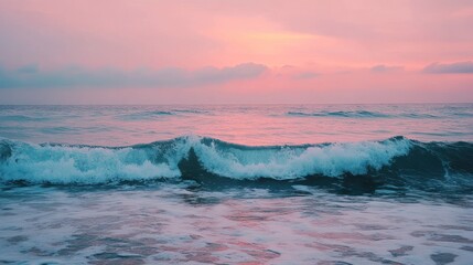 Captivating ocean wave cresting under a serene pastel sunset canvas seascape