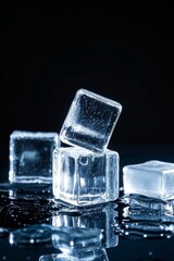 three ice cubes are sitting on a table with water droplets