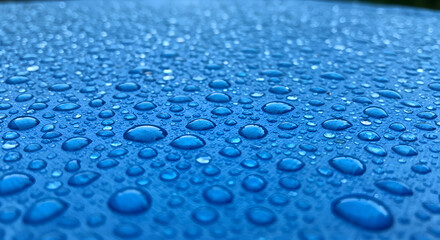 Raindrops On Blue Surface Forming Unique Patterns And Reflecting Light