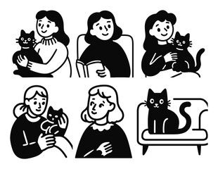 Charming Cartoon Characters with Cats in Cozy Doodle Style