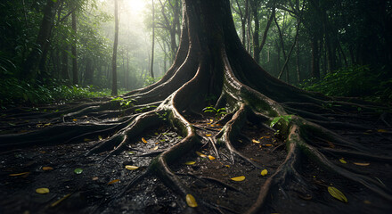 Magnificent Roots System Of Ancient Tree In Lush Tropical Forest
