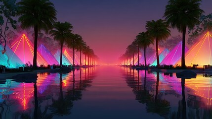 Obraz premium A vibrant night scene with illuminated tents and palm trees reflected in water.