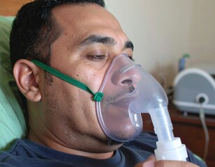 Person using a nebulizer, emphasizing themes of health, care, and respiratory support. The scene features a close-up view of the individual's face, partially covered by a clear plastic nebulizer mask.