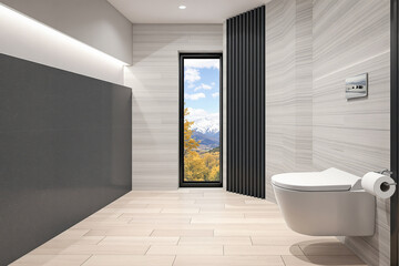 Fototapeta premium A modern, minimalist bathroom features a wall- toilet and a large window overlooking scenic mountains.