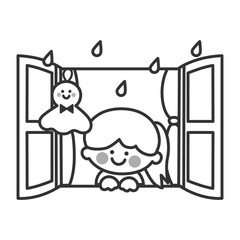 てるてる坊主と窓から雨を眺める女の子（モノクロ）
